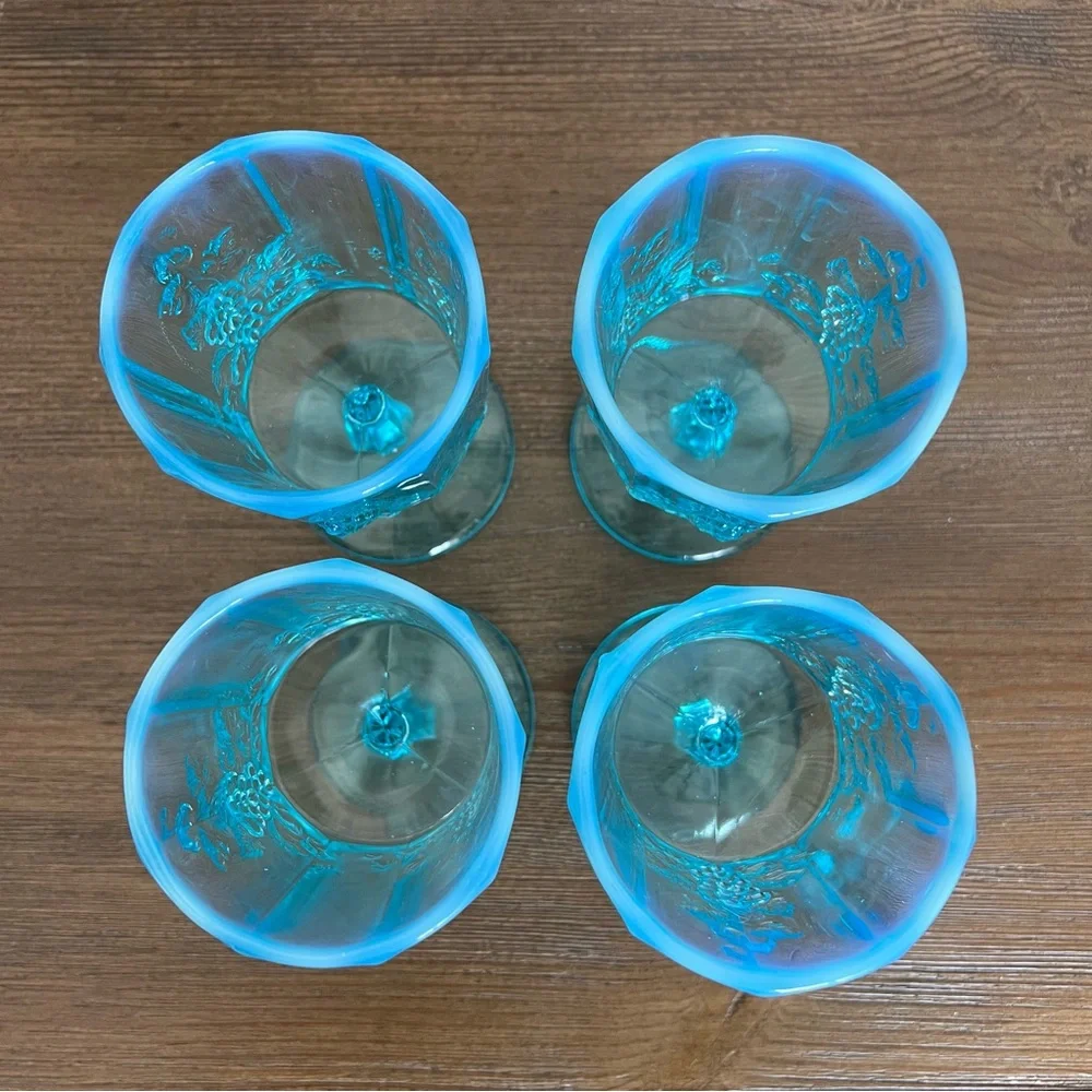 WESTMORELAND Vintage Paneled Grape Blue Opalescent Water Goblets - Set of 4